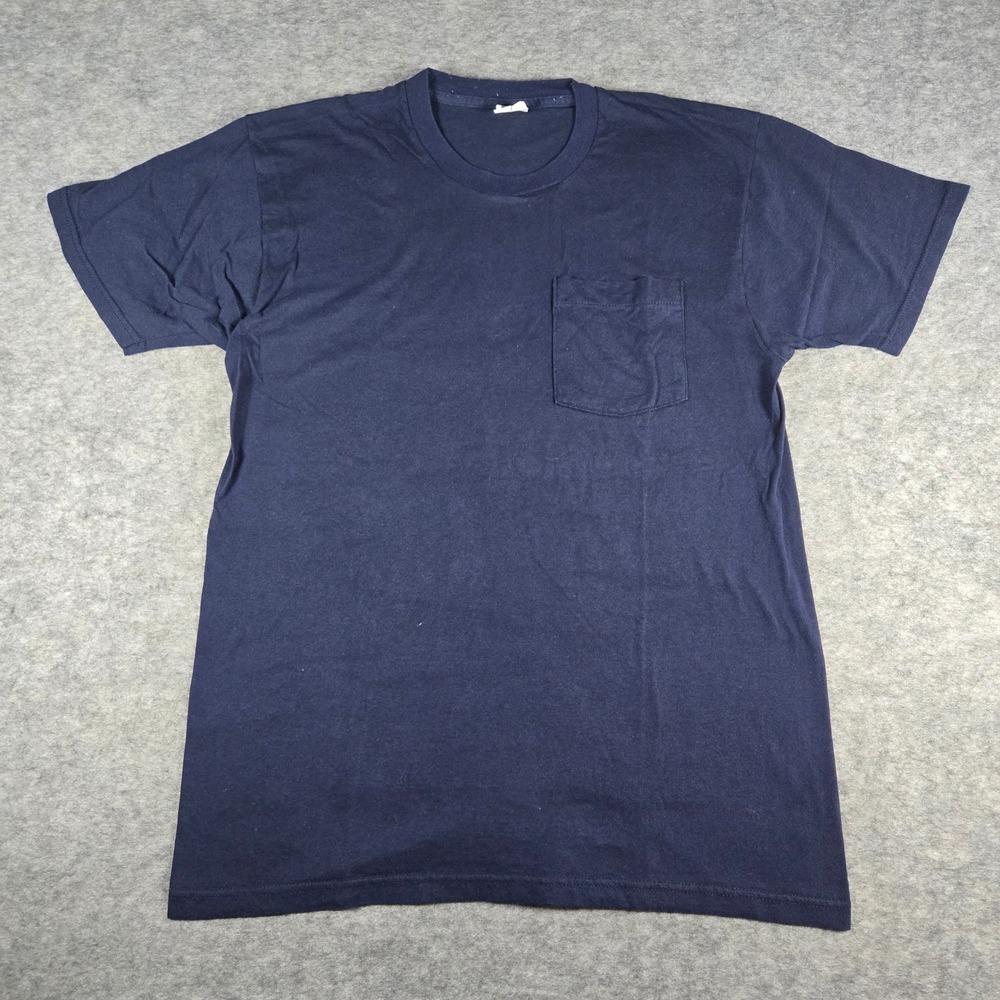 Y2K Fruit of the Loom Mens Navy Blue Vintage Pocket T-Shirt Large - Picture 1 of 6